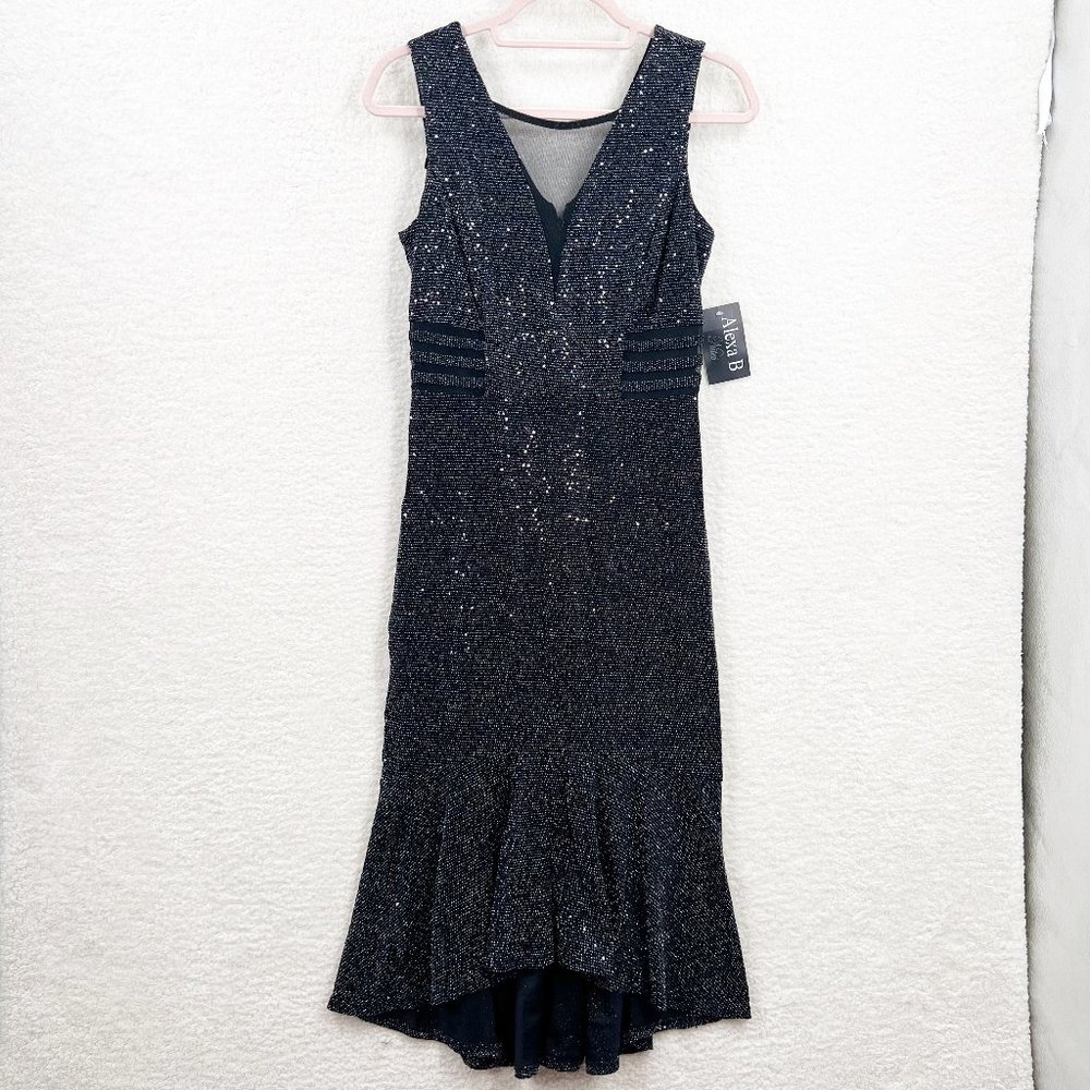 Alexa B nites black sleeveless sequins hi low Mesh Neck dress Size 8 NWT